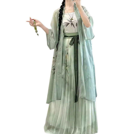 Hanfu Women Half Sleeve Pleated Skirt Waist Dress Spring Summer Daily Suit