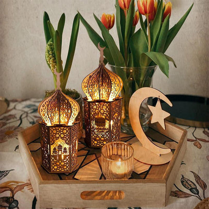 Eid Mubarak Muslim LED Night Light Ramadan Lamp Decor Lights Wooden Lantern - Aimall