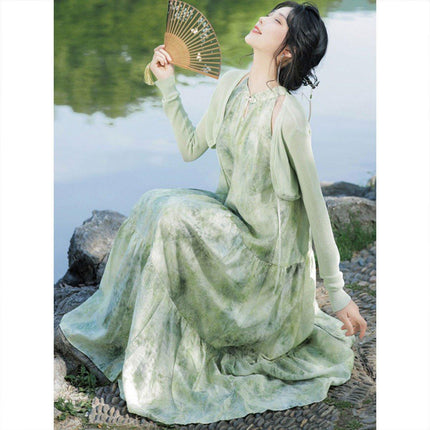 Women Chinese Style Green Halter Neck Long Dress Elegant Evening Gown