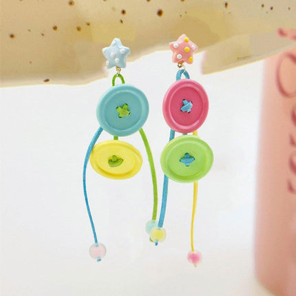 Candy-Coloured Braided Button Earrings Long Tassels Fashion Jewelry Gift