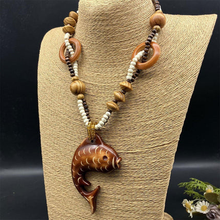 Long Wood Necklace with Fish Pendant Unique Fashion Jewelry Ornament