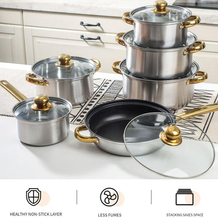 12pcs Stainless Steel Cookware Set Pots and Pans Kitchen Cooking Utensil Set