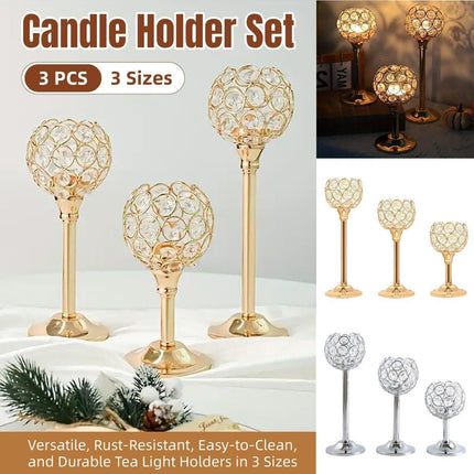 3PCS Crystal Candle Holders Metal Candlelight Wedding Home Dinner Decoration