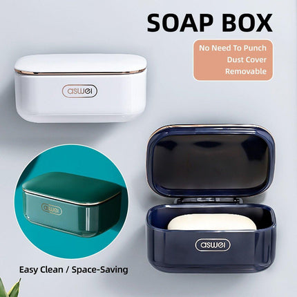 Household Wall Mounted Soap Box With Lid Drainage Non Punch Bathroom Storage Box