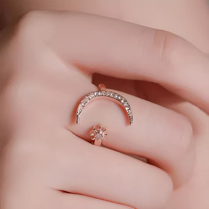 Alloy Star Moon Opening Rings Rhinestone Crescent Couple Ring Women - Aimall