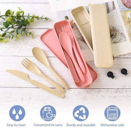8 Sets Cutlery Wheat Straw Reusable Spoon Fork Knife Travel Portable Tableware