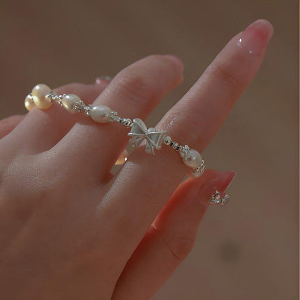 Pearl Ribbon Bracelet Ring Elegant Jewelry for Women Fashion Accessories Gift