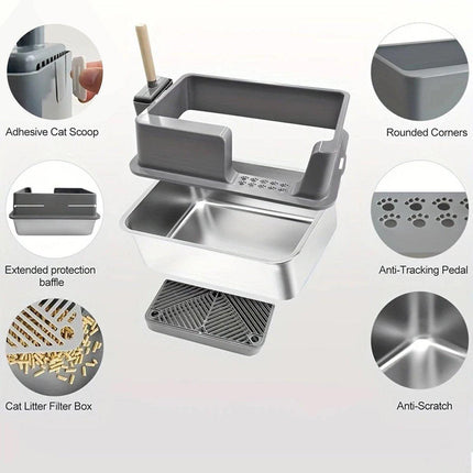 Stainless Steel Cat Litter Box Large Space Semi-Enclosed Easy to Clean Design