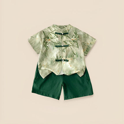 Summer Chinese-style Boys Green Short-Sleeved Shirt Short Pant Two-Piece Thin