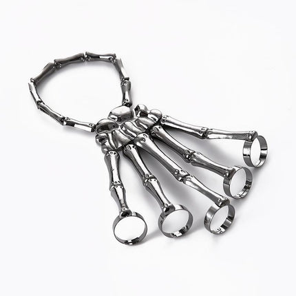 Punk Skeleton Hand Bone Five Finger Ring Bracelet Adjustable Halloween Brace - Aimall