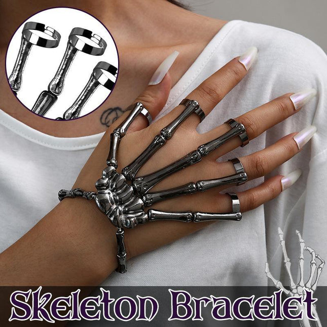 Punk Skeleton Hand Bone Five Finger Ring Bracelet Adjustable Halloween Brace - Aimall