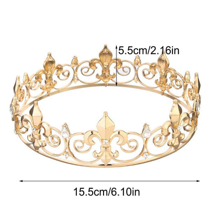 Gold King Crown Alloy Royal King Crown for Men Full Round Crowns Wedding
