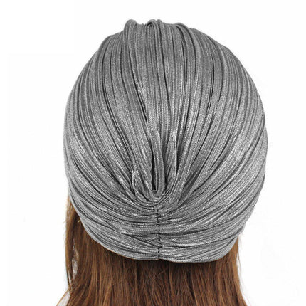 Muslim Women Pleated Silver Pleated Indian Wrap Turban Headscarf Elegant Hat