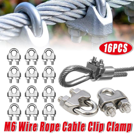 16X 304Steel Wire Rope Grips Clamps U Bolts Fitting Cable Cord Tie M6 6mm Sliver