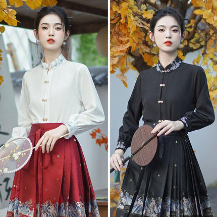 Chinese Style Women Autumn Standing Collar White Shirt Fashion Inner Tops
