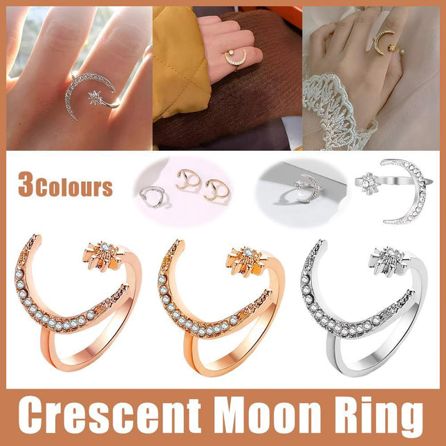 Alloy Star Moon Opening Rings Rhinestone Crescent Couple Ring Women - Aimall