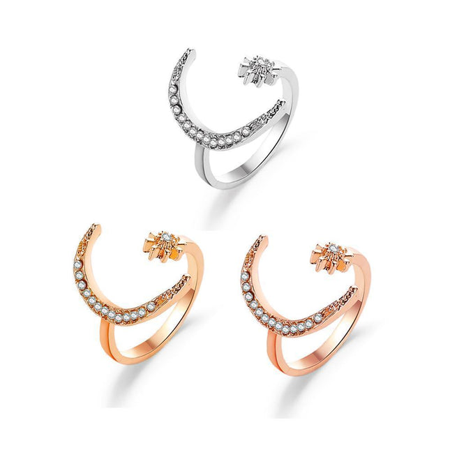 Alloy Star Moon Opening Rings Rhinestone Crescent Couple Ring Women - Aimall