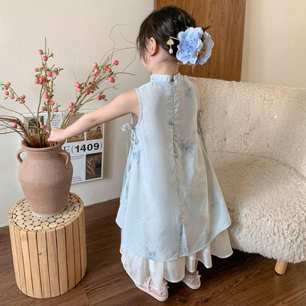 Girls New Chinese Style Cheongsam Dress Set Summer Traditional Outfit