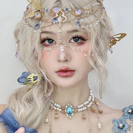 Exotic Sapphire Tassel Headwear Antique Dancer Pendant Hair Accessories Necklace