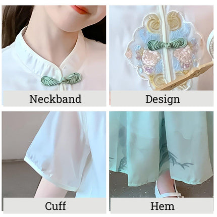 Girls Short Sleeve Dress Chinese Style Skirt Traditional Summer Outfit