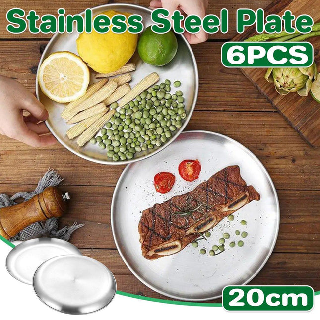 6pcs Stainless Steel Round Dinner Plate Tray Set for Home Kitchen Serving Plates