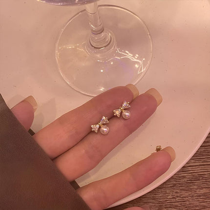 White Zircon Crystal Pearl Bow Tie Stud Earrings Elegant Best Gift for Women - Aimall