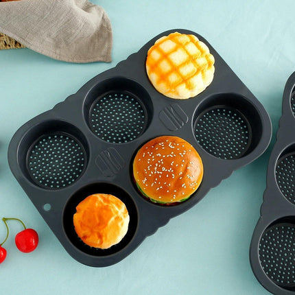 6 Cavity Silicone Hamburger Bun Pan Non Stick Burger Bread Mold Pans Baking Tool