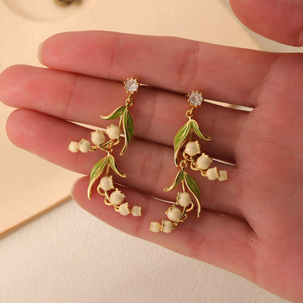Vintage Bell Orchid Flower Long Earrings Elegant Dangle Earrings Women Jewelry