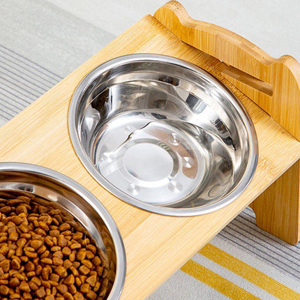 Wood Adjustable Elevated Raised Pet Dog Feeder Stainless Steel Bowl Water Stand