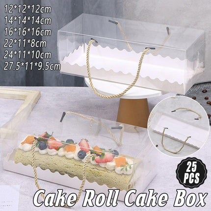 25pcs Rectangular Transparent Cake Roll Packing Box Portable Swiss Pastry Box