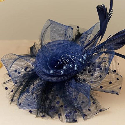 Blue Vintage Bridal Headdress Feather Flower Mesh Hair Accessories for Cheongsam