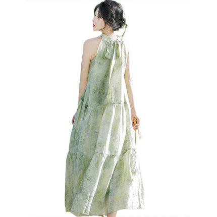 Women Chinese Style Green Halter Neck Long Dress Elegant Evening Gown