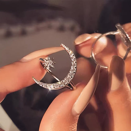 Alloy Star Moon Opening Rings Rhinestone Crescent Couple Ring Women - Aimall