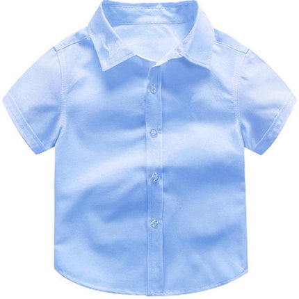 Boys Children's Kids Blue Short Sleeve School Shirt Open Neck With Lay Back Collar - Aimall
