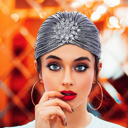 Muslim Women Pleated Silver Pleated Indian Wrap Turban Headscarf Elegant Hat