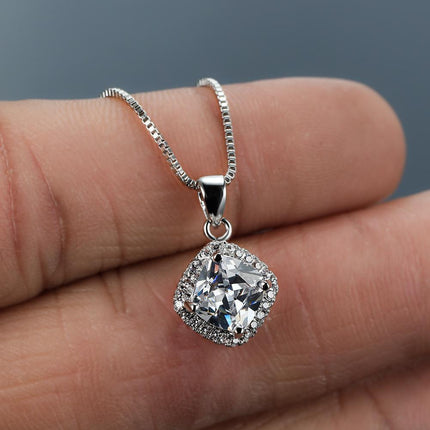 Fashion 925 Sterling Silver Stunning Square Cubic Zircon Pendant Necklace Chain - Aimall