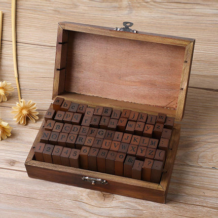 70pcs DIY Alphabet and Number Wood Rubber Stamps Set with Wooden Box Case