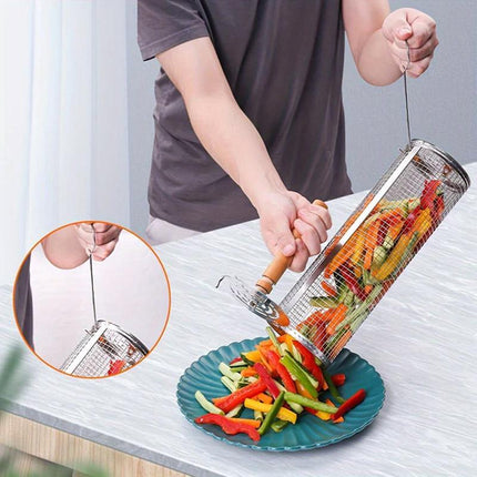 2PCS Rolling BBQ Cage Rotisserie Basket Tube Grill BBQ Cooking Accessories