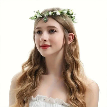 Handmade White Green Pendant Flower Crown Headband Wedding Fairy Elf Cosplay