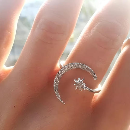 Alloy Star Moon Opening Rings Rhinestone Crescent Couple Ring Women - Aimall