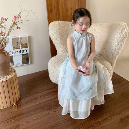 Girls New Chinese Style Cheongsam Dress Set Summer Traditional Outfit