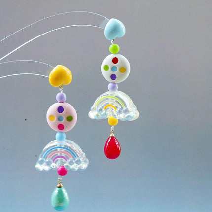 Colourful Beaded Resin Love Earrings Asymmetrical Cloud Design Long Jewelry