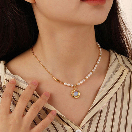 Vintage Moonstone and Pearl Necklace with Chain Fashion Jewelry Women and Girls