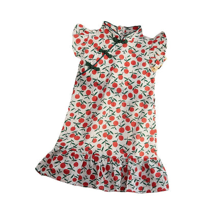 Girls Cheongsam Skirt Floral Dress Traditional Chinese Style Summer Outfit