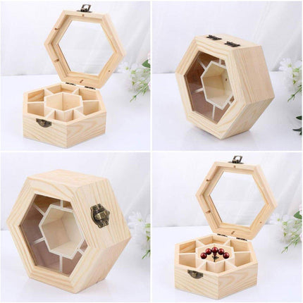 Hexagonal Seven Jewelry Compartment Wooden Organizer Desktop Finishing Box