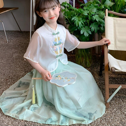 Girls Short Sleeve Dress Chinese Style Skirt Traditional Summer Outfit