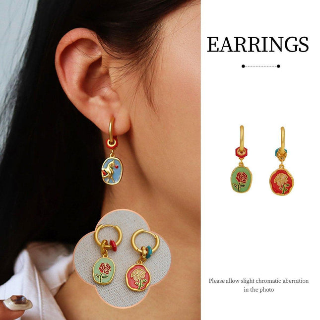 Chinese Retro Oil Drop Flower Earrings Luxury Double-sided Flower Fashion Girls