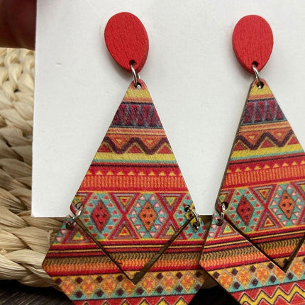 Boho Print Wood Earrings Diamond Shape Drop Dangle Fashion Jewelry for Women