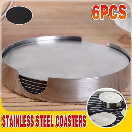 6xStainless Steel Coasters For Drinks With Holder Heat Resistant Cup Mat Pad Set - Aimall