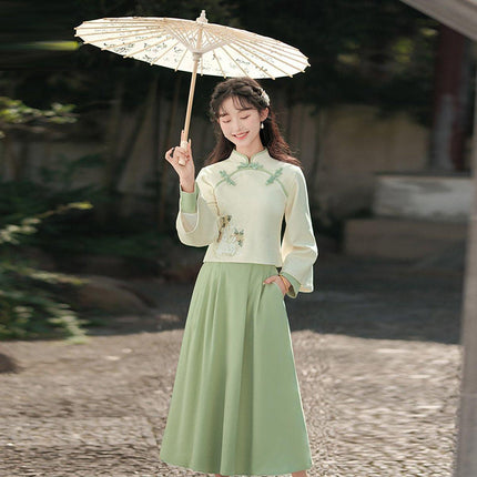 New Chinese Embroidery Green Hanfu Two-Piece Set Autumn Winter Coil Buckle Daily